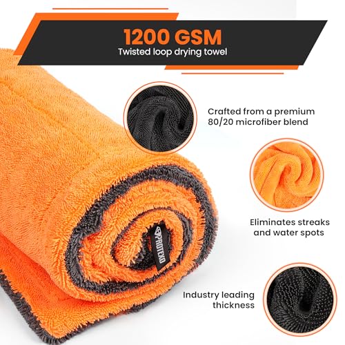 24"x36" Twisted Loop Car Drying Towel & Wash Mitt | 1200GSM Ultra Thick & Absorbent Detailing Towels | Large Microfiber Cleaning Cloth for Washing & Polishing | Micro Fiber Rags for Car Care
