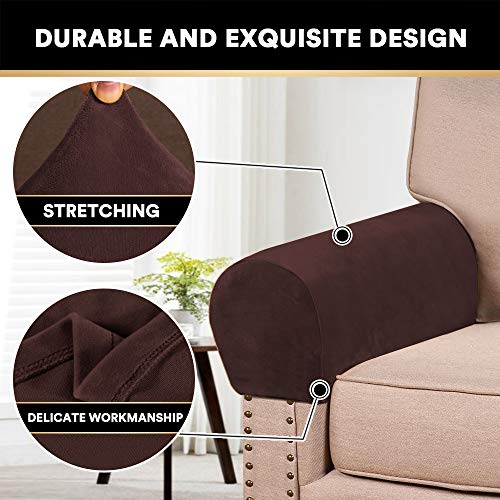 PrinceDeco 4 Pack Thick Velvet Stretch Armrest Covers for Chairs and Sofas - Non Slip, Brown - color: Brown