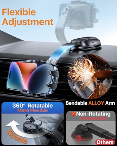 HTU【Upgraded Strongest Suction Car Phone Holder【Bendable Arm, Never Block View】 Rotatable Cellphone Mount for Dashboard Windshield Vent,Cradle Stand for iPhone 17 16 15 14 13 12 Pro Max, Light Gray - color: Light Gray