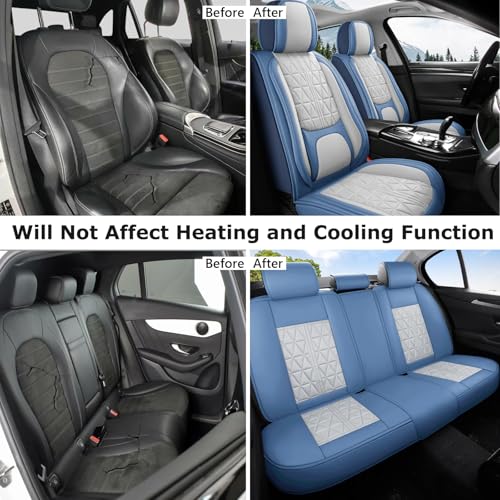 otoez Car Seat Covers Full Set, 5 Pcs Nappa Leather Seat Covers for Cars, Breatheable Automotive Seat Protector Full Coverage Universal Fit for Most Car Sedan SUV Truck Pick-up (Blue & Gray) - color: Blue & Gray
