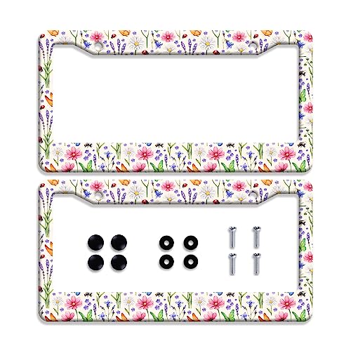 2Pcs Watercolor Summer Wild Flowers License Plate Frame Floral License Plate Stainless Auto Parts Colorful License Plate Decorative with Screws Size 12.3" x 6.3" - color: 【2Pcs】Watercolor Summer Wild Flowers Insects