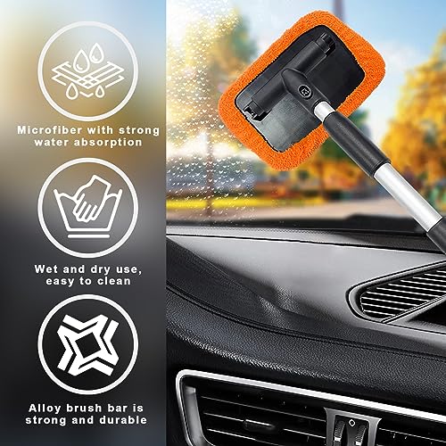Ziciner Car Windshield Cleaner, Microfiber Auto Cleaning Wiper with Aluminum Extendable Handle and 2 Washable Reusable Cloth Pad Head, Vehicle Interior Exterior Cleaner Kit (Orange-Rectangle) - size: Orange-rectangle