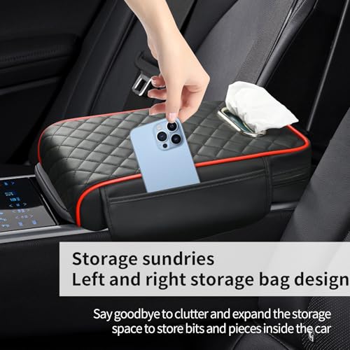 Car Center Console Cover, Leather Car Armrest Box Pad with Pocket and Tissue Box Arm Rest Cushion Universal Car Seat Box Cover Car Interior Accessories for SUV/Truck/Vehicle (Black+Red)