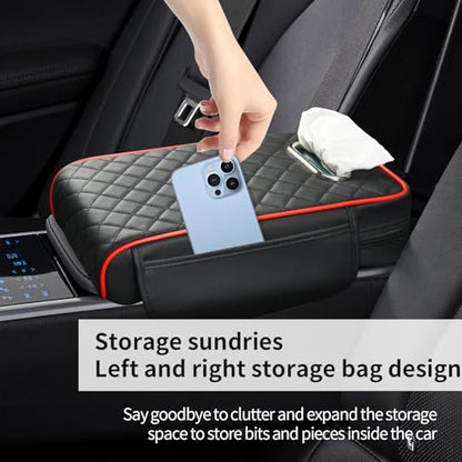 Car Center Console Cover, Leather Car Armrest Box Pad with Pocket and Tissue Box Arm Rest Cushion Universal Car Seat Box Cover Car Interior Accessories for SUV/Truck/Vehicle (Black+Red)