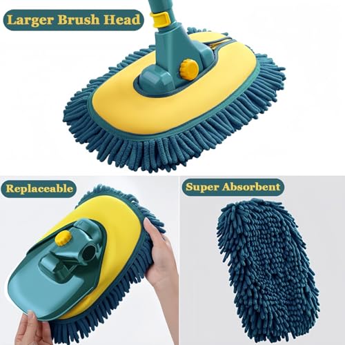 Car Wash Brush with Long Handle, Car Wash Mop Mitt with 2 Replacement Head , Extension Pole Car Brush Cleaning Kit for Cars Trucks - color: Green-2 Heads