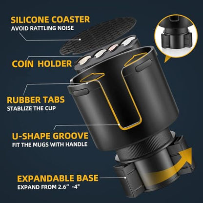 GDQ 2-in-1 Car Cup Holder Expander with Coin Organizer - Adjustable Base, Universal Fit for Most Vehicles, Compatible with Yeti/Stanley Large Mugs & All Handle Cups, Automotive Interior Storage