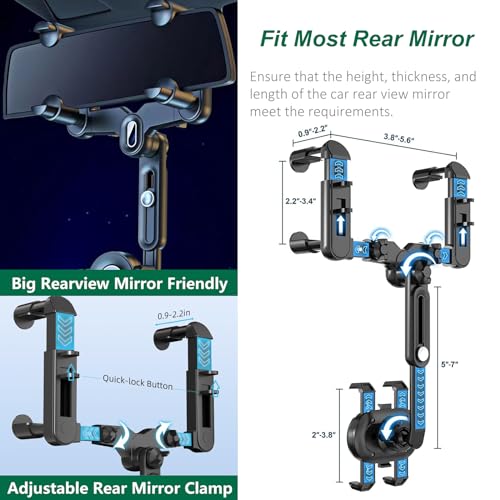 LvShuLiangPin Rearview Mirror Phone Holder for Car, 360° Rotating Rear View Mount with Adjustable Arm Length, Upgraded Four Corners Fixed Anti-Shake Multifunctional Design for All Smartphones