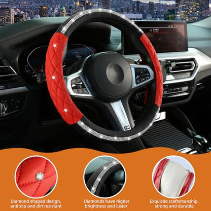 Diamond Steering Wheel Cover ，with Bling Crystal Rhinestone,Delicate and Anti-Slip Sparkly Sedan Steering Wheel Cover ，Adaptable to 14.5-15 inches Car Wheel Protector for Women Girl ，Black & Red - color: Black+Red
