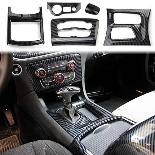 crosselec Carbon Fiber Central Control AC Gear Shift Cup Holder Headlight Switch Button Panel Cover Trim 5pcs for Dodge Charger 2015-2022 - color: black 5pcs