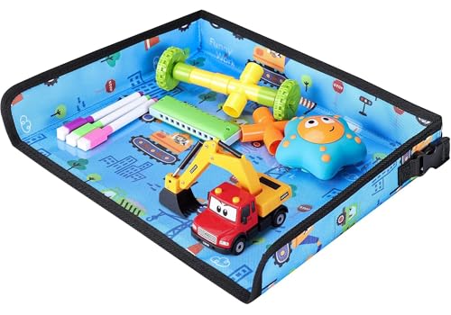 Kids Travel Tray Table Cover with Pockets – Toddler Airplane Essentials for Plane, Train, Car & Highchair, Portable Activity Board with Tablet Holder & Storage (Light Blue) - color: Light Blue
