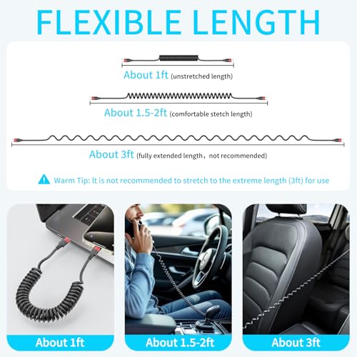 Coiled USB C to USB C Cable, 2 Pack 3FT USBC Car Charger Cord, USBC to USBC Coiled Cable Fast Charging for Carplay, iPhone 17/16/15 Plus/Pro Max, Samsung Galaxy S25 S24 S23, Pixel 10 9 - size: 3ft Usb C-c
