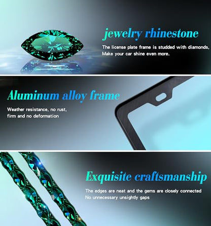 Rhinestone License Plate Frame 2 Pack for Women Bedazzled Diamond License Plate Holder Cover with High End Ribbon Gift Box - color: CPJ-02-green 2