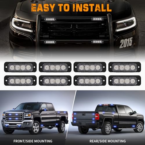 XRIDONSEN 8PCS Sync Blue Grill Emergency Lights 32 LED Grille Surface Mount Firefighter Police Lights Strobe Flashing Warning Safety Hazard First Responder Light for Vehicles Firefighters POV Trucks - color: Blue