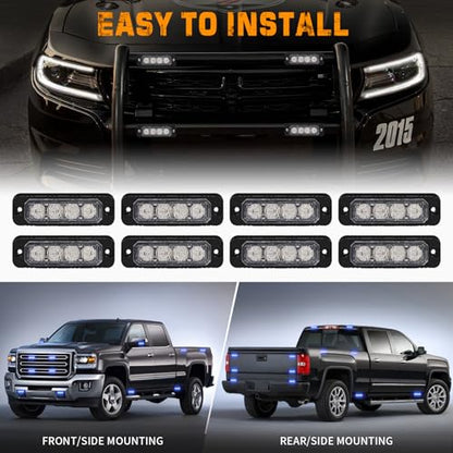 XRIDONSEN 8PCS Sync Blue Grill Emergency Lights 32 LED Grille Surface Mount Firefighter Police Lights Strobe Flashing Warning Safety Hazard First Responder Light for Vehicles Firefighters POV Trucks - color: Blue