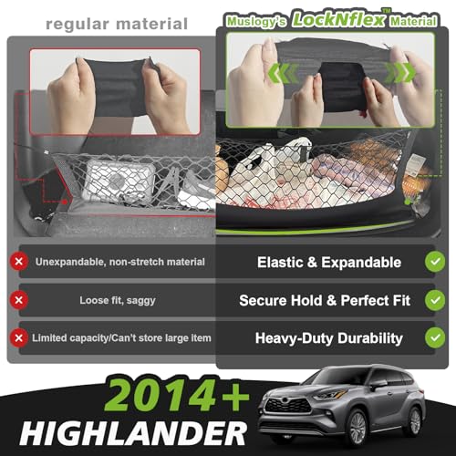 Muslogy Truck Bed Cargo Net Trunk Netting Compatible with 2014-2025 2026 Toyota Highlander Accessories, Pickup Cargo Organizer SUV Sedan Storage Net w/Heavy Duty Carabiners - style: 2014+ Highlander