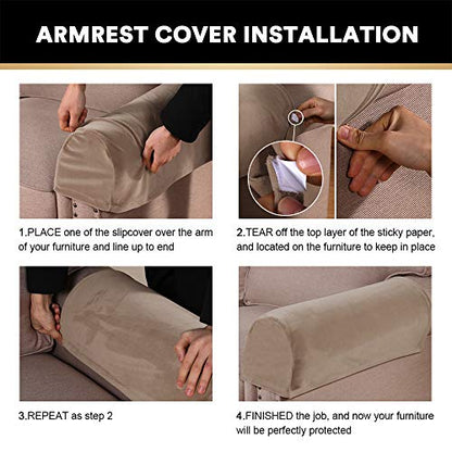 PrinceDeco 4 Pack Thick Velvet Stretch Armrest Covers for Chairs and Sofas - Non Slip, Taupe - color: Taupe