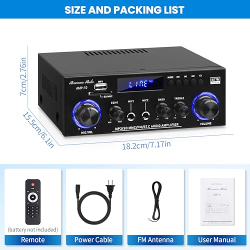 AMP-10 Bluetooth Amplifiers RMS 50WX2 Stereo Audio Amp Receivers for Home Speaker 2.0 Channel Max 600W Output Mini Power Amplifier w/FM Radio, Echo, MIC, USB, SD Input for Home,Car Audio