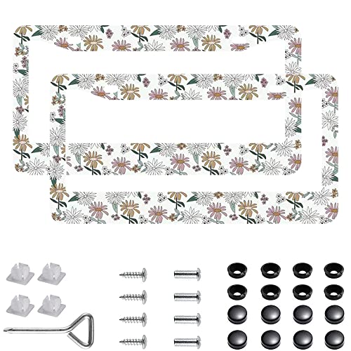 2Pcs Vintage Daisies License Plate Frames Cover Holders Stainless Steel Vintage Daisies License Plate Cover with Screw Caps Cover and Screwdriver Set - 2-Hole for Girl Women (Vintage Daisies) - color: Vintage Daisies