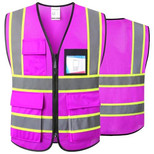 Purple Safety Vest for Men Women Reflective with 8 Pockets and Zipper Front Mesh High Visibility Vest Hi Vis Construction Work Vest,Meets ANSI/ISEA Standards(EKH1-Purple-M) - color: Purple, size: Medium