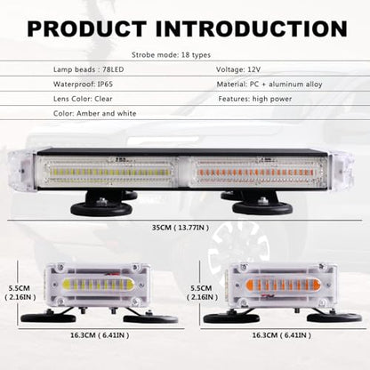 LED Strobe Flashing Light Bar, High Intensity 78 LED Emergency Beacon Hazard Caution Safety Warning Light Bar with Magnetic for Trucks Vehicles Car Roof ATV RV Van, Waterproof(Amber&White) - color: Amber&White