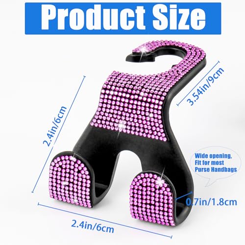 Bling Car Purse Hooks 2Pcs, Durable Car Headrest Hook, Holds 44Lbs, Double-Hooks, Wide-Opening, Rhinestone Automobile Purse Hangers Holder, Bling Car Accessories for Women, Pink - color: Bling Pink