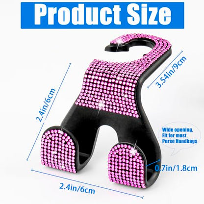 Bling Car Purse Hooks 2Pcs, Durable Car Headrest Hook, Holds 44Lbs, Double-Hooks, Wide-Opening, Rhinestone Automobile Purse Hangers Holder, Bling Car Accessories for Women, Pink - color: Bling Pink