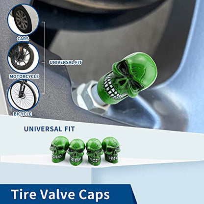 Cars Tires Valve Stem Caps Cover Dustproof Cool Skull Head Fit Most Vehicle SUV Bike Trucks Motorcycles 4 Pcs/Set（Green） - color: green