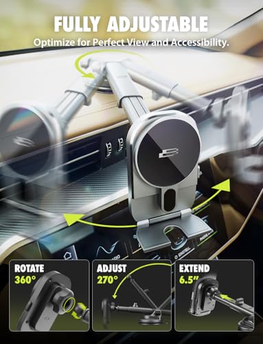 Bracketron MagAlign Extend 15W Magsafe Car Mount Charger, Magnetic Car Phone Holder Charger Wireless Car Charger for iPhone 17 Pro Max 16 15 14 13,Vent/Windshield/Dash Phone Mount Holder Fast Charger