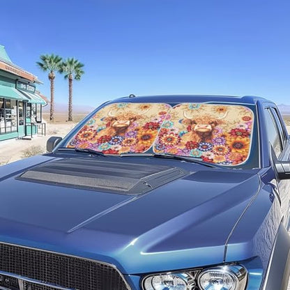 Highland Cow Windshield Sun Shade 2 Piece Mandala Flower Windshield Sunshade Sun Visor Protector Sun Reflector Blocks UV Sun and Keeps Your Vehicle Cool - color: Highland Cow Mandala Flower