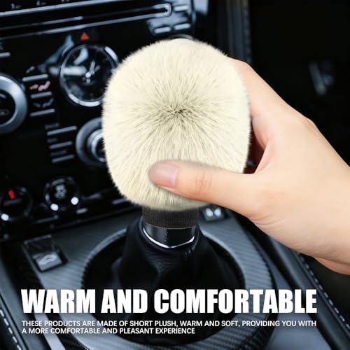 2PCS Plush Car Gear Shift Knob Cover & Handbrake Cover, Shift Knob Protector, Soft Fluffy Gear Handbrake Protective Sleeves, Shifter Lever Brake Handle Warm Plush Set for Cars (Beige) - color: Beige
