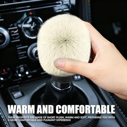 2PCS Plush Car Gear Shift Knob Cover & Handbrake Cover, Shift Knob Protector, Soft Fluffy Gear Handbrake Protective Sleeves, Shifter Lever Brake Handle Warm Plush Set for Cars (Beige) - color: Beige