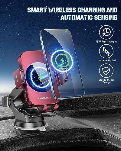 BothLin Wireless Car Charger, Fast Charging Phone Holder 3 in 1 Phone Mount Auto Clamping Car Accessories Compatible with iPhone 17 16 15 14 13 12 11 Xs XR, Samsung S23 Ultra S22 S21 S20(Deep Red) - color: Deep Red