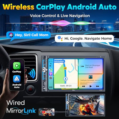 PLZ 7" Wireless Double Din Car Stereo Apple Carplay Radio Screen for Car Audio Receivers, Bluetooth 5.3 Car Play Android Auto Touchscreen, 240W 4.2 CHN 2 Subwoofers Outputs, Backup Camera, SWC, FM/AM - size: 7"
