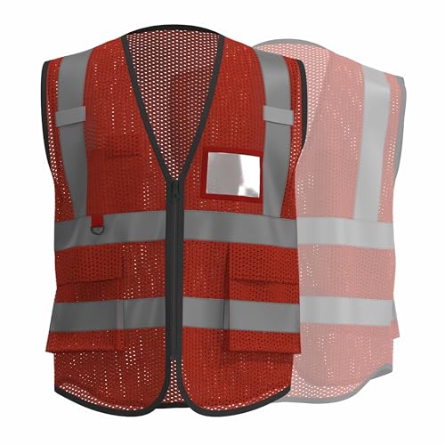 caparazon Unisex High-Visibility Reflective Safety Vest with Zippered Pockets - ANSI/ISEA Certified for Enhanced Work Safety - color: Red Mesh
