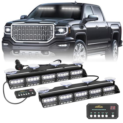 XRIDONSEN 2x 17 inch White Strobe Lights for Trucks Interior Front/Rear Windshield Dash Emergency Lights 40 LED Flashing Warning Hazard Caution Safety Light w/Controller for Construction Vehicles Car - color: White