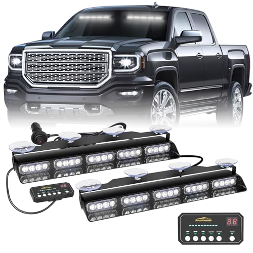 XRIDONSEN 2x 17 inch White Strobe Lights for Trucks Interior Front/Rear Windshield Dash Emergency Lights 40 LED Flashing Warning Hazard Caution Safety Light w/Controller for Construction Vehicles Car - color: White