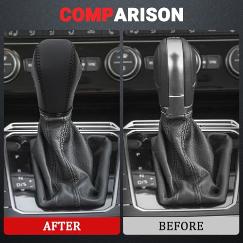 Leather Gear Shift Knob Cover Compatible with Volkswagen Atlas丨 Beetle丨 Golf丨 Passat丨 Jetta 丨 Tiguan 2011-2021 Black Leather with Black Stitches Shifter Knob Cover - Black - color: Black&Black