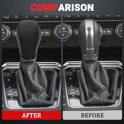 Leather Gear Shift Knob Cover Compatible with Volkswagen Atlas丨 Beetle丨 Golf丨 Passat丨 Jetta 丨 Tiguan 2011-2021 Black Leather with Black Stitches Shifter Knob Cover - Black - color: Black&Black
