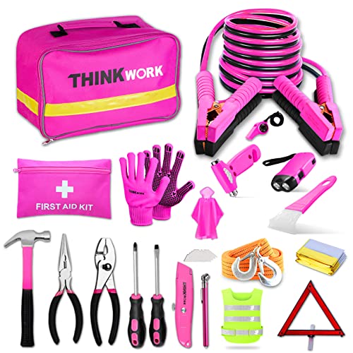 THINKWORK Car Emergency Kit for Teen Girl and Lady's Gifts, Pink Emergency Roadside Assistance kit with Pink Car Tool Set, 10FT Jumper, First Aid Kit, and More Ideal Pink Car Accessories Tool - E8 - color: New Pink