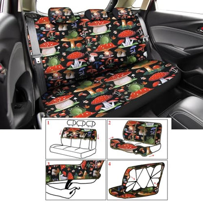 Riakrum 17 Pcs Mushroom Car Seat Covers Mushroom Car Accessories Full Set for Women Men Automotive Rear Front Seat Protector View Mirror Hanging Ornament Steer Wheel Belt Cover(Mushrooms and Frogs) - style: Mushrooms and Frogs