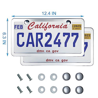 lengnoyp Solid Silver License Plate Frames 2 Pack, 2 Holes Rust-Proof License Plate Holder, Universal Car Stainless Steel License Plate Frame for Women & Man (Screws & Chrome Caps) by Lengnoyp