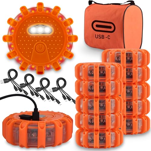 Ecoangel USB-C Rechargeable LED Road Flares Emergency Lights-Large Capacity (Lithium Battery) 3 in 1 Cable Roadside Warning Car Safety Beacon Flashing Disc Kit with Magnetic Base for Vehicles - color: USB-C 12PACK
