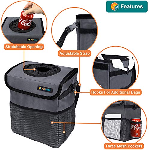 SUN CUBE Waterproof Car Trash Can with Lid, Mesh Pockets | Leakproof Car Garbage Can Hanging | Auto Trash Bin, Garbage Bag Organizer for Headrest, Console, Truck (Dark Gray) - color: Dark Grey