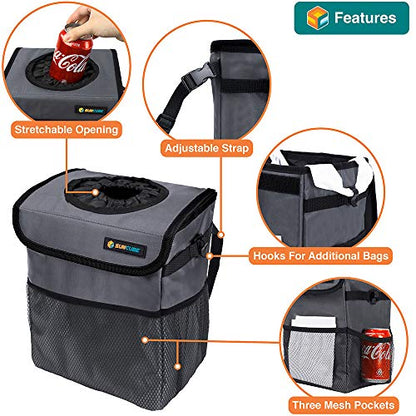 SUN CUBE Waterproof Car Trash Can with Lid, Mesh Pockets | Leakproof Car Garbage Can Hanging | Auto Trash Bin, Garbage Bag Organizer for Headrest, Console, Truck (Dark Gray) - color: Dark Grey