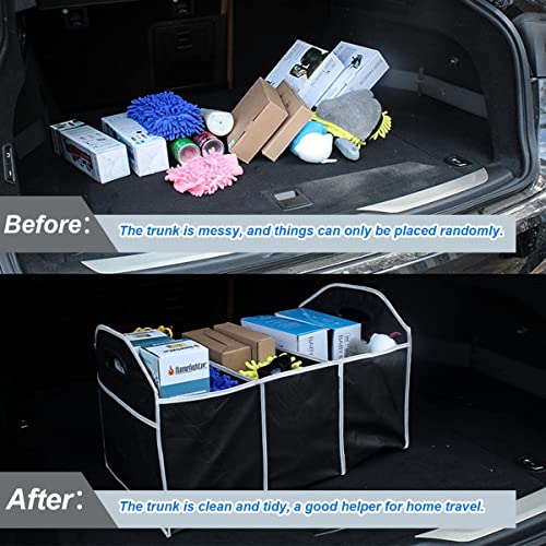 Car Trunk Organizer, Portable Foldable Waterproof Auto Storage Bag with 3 Compartments, Collapsible Cargo Trunk Groceries Organizer, Car Accessories Universal for SUV, Truck, Van, Sedan (Black)