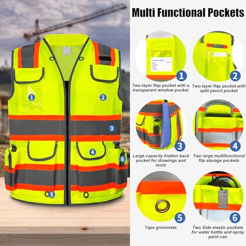 HYCOPROT Reflective Safety Vest Class 2 High Visibility Heavy Duty Construction Vest with Padded Neck,Meet ANSI/ISEA Standard - color: Yellow, size: Large