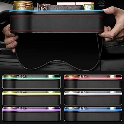 Car Seat Gap Filler Organizer, 2 Pack Multifunctional Car Seat Organizer, 7 Colours Changing LED Car Seat Seam Filler, Auto Console Side Storage Box with Cup Holders(BLACK) - color: BLACK