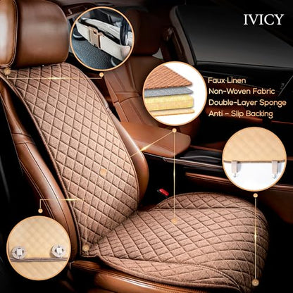 IVICY Faux Linen Front Car Seat Cover – Durable, Non-Slip Seat Protector for Cars – 1 Unit, Light Brown - color: BROWN WS LN