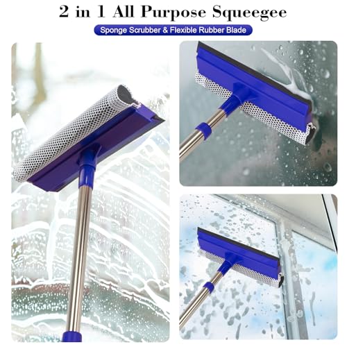 2-in-1 Window Squeegee&Car Squeegee with 15.7"-27.5" Retractable Stainless Steel Handle, Windshield Cleaner Tool for Cars, Trucks, Glass Doors, Shower Glass, Outdoor Windows