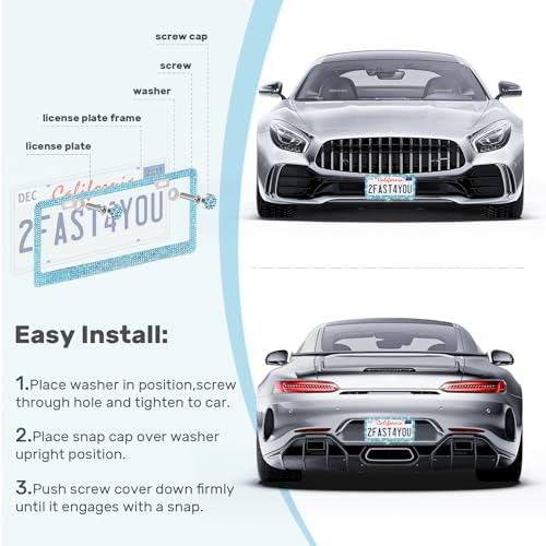 QUANQIUFEI 2 Pack Bling License Plate Frames, Sparkly Rhinestone Diamond Car License Plate Cover for Women, Stainless Steel Car Accessories with Glitter Crystal Caps (Aqua Bohemica) - color: Aqua Bohemica